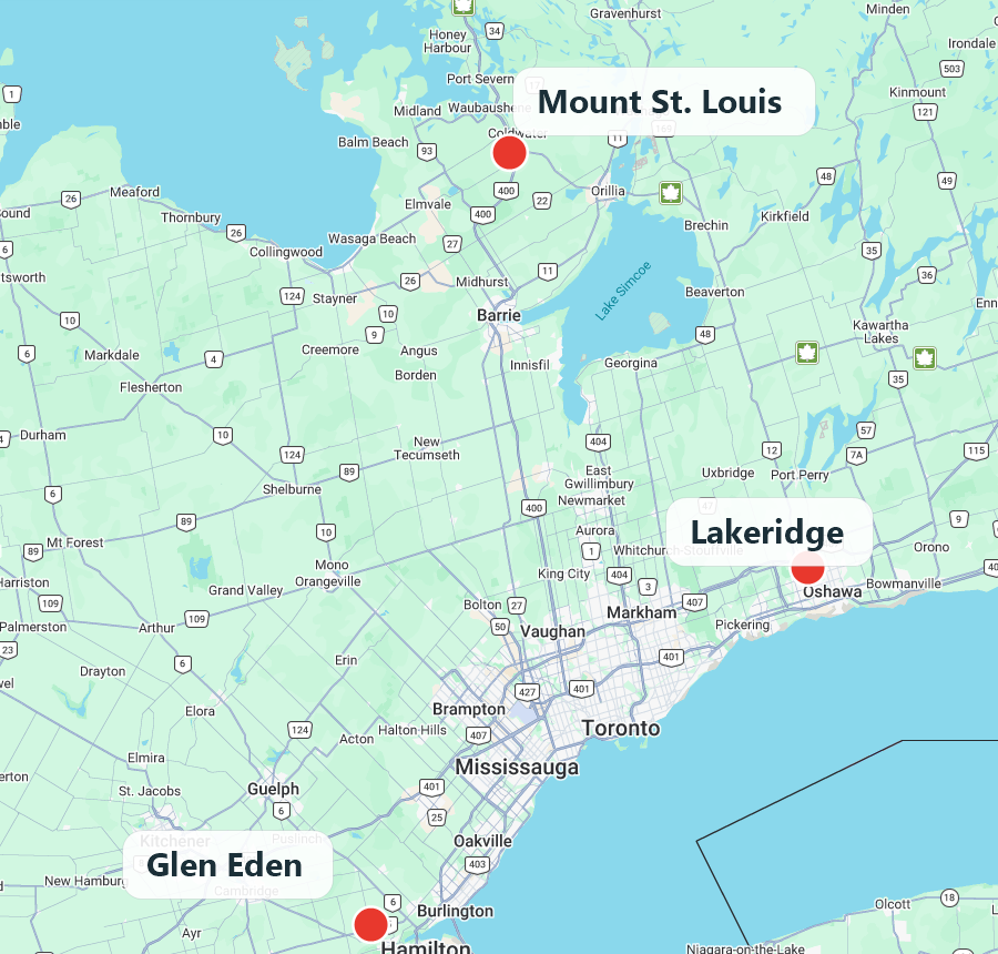 Street map of the Greater Toronto Area showing approximate locations of Mount St. Louis, Glen Eden, and Lakeridge