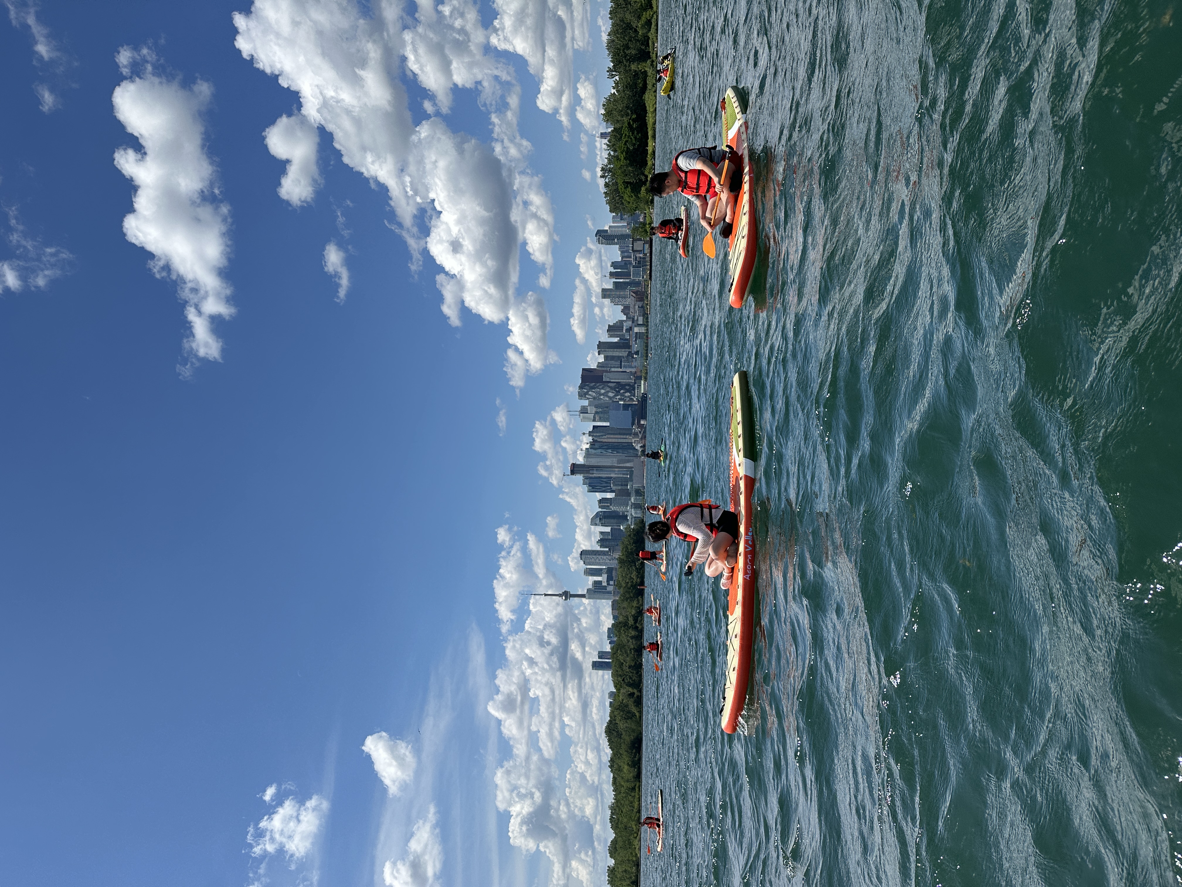 Stand-up paddlers on the water with the Toronto skyline behind them